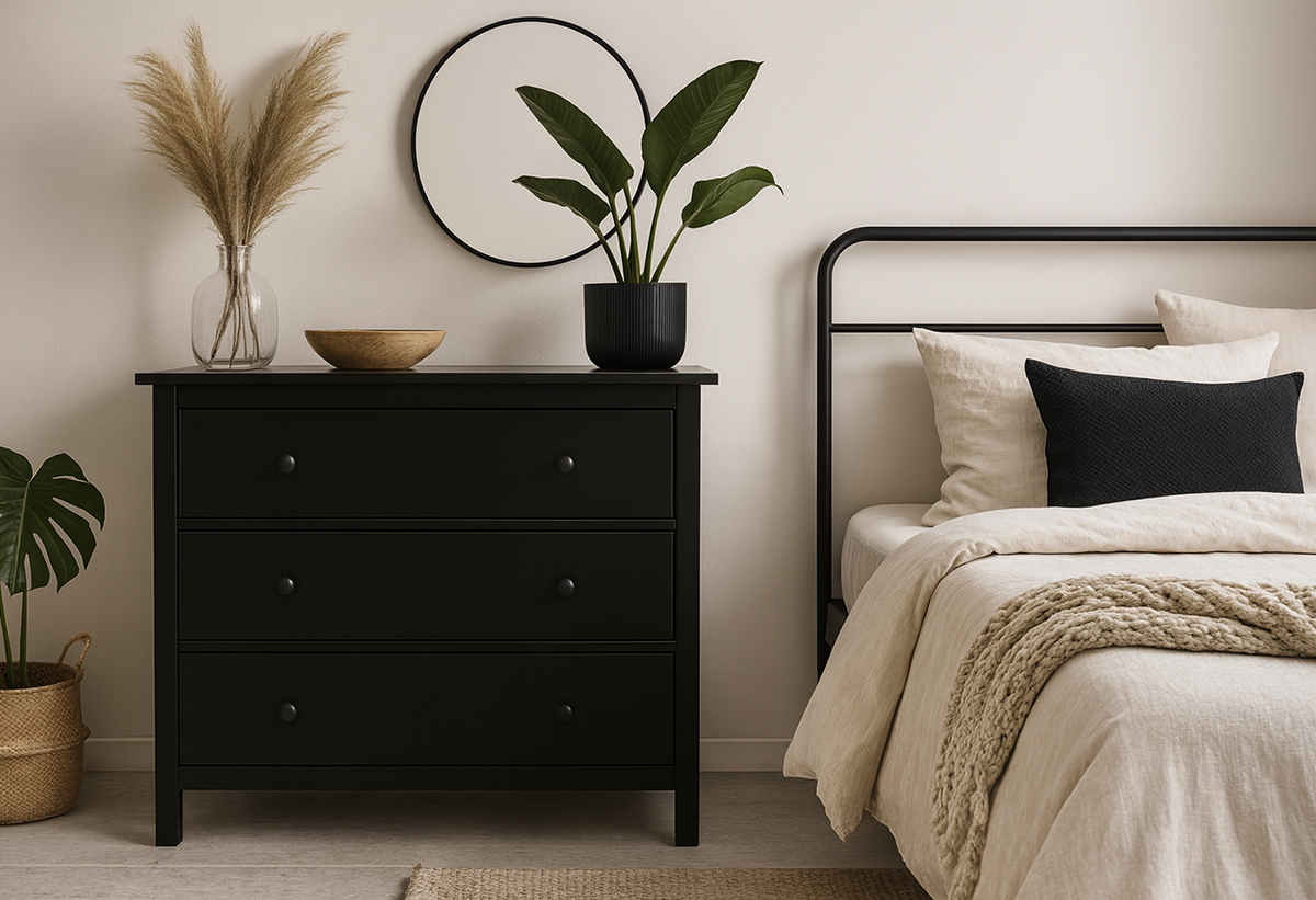 Απεικονίζεται η συρταριέρα σε ένα υπνοδωμάτιο.